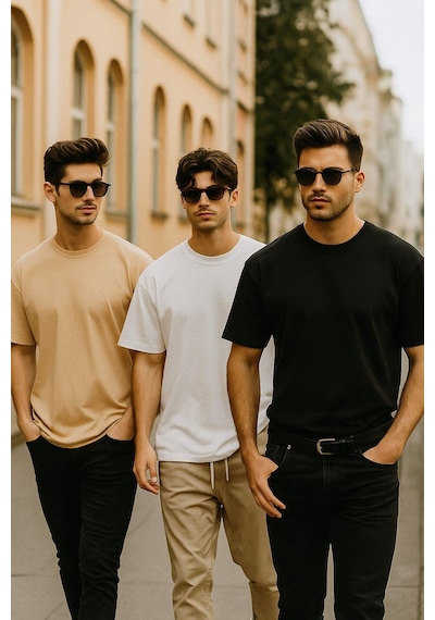 Rich Erkek 3'lü Paket Siyah-beyaz-bej %100 Pamuk Oversize Tişört Basic Bisiklet Yaka Kısa Kollu T-shirt Bej