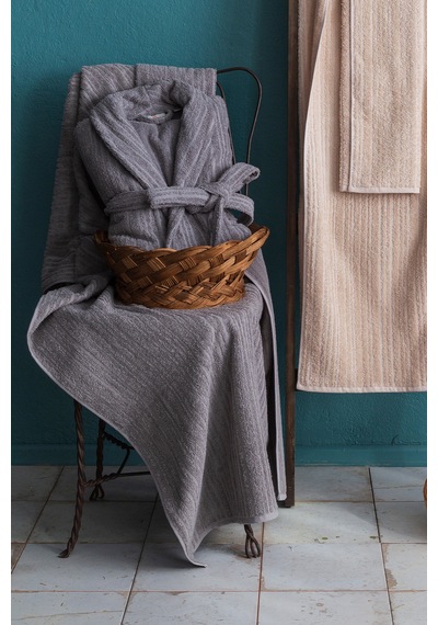 Apricitas Home Timeless Gri-bej %100 Pamuk 6 Parça Aile Bornoz Seti