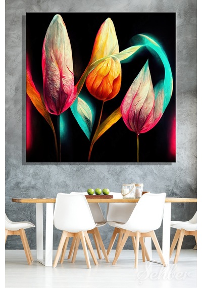 Siyah Fonda Neon Ve Soyut Lale Motiflerine Sahip Dekoratif Kare Kanvas Tablo 4275 Çok Renkli