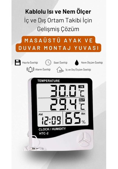 Lexroo Htc-2 Dijital Termometre Saat Nem Ve Sıcaklık Ölçer Iç Dış Mekan