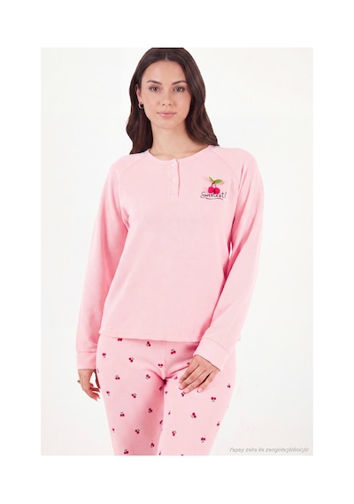 Lela Desenli Düğmeli Bisiklet Yaka Uzun Kollu Pijama Takımı Kadın Pijama Takımı 6575021 Pembe