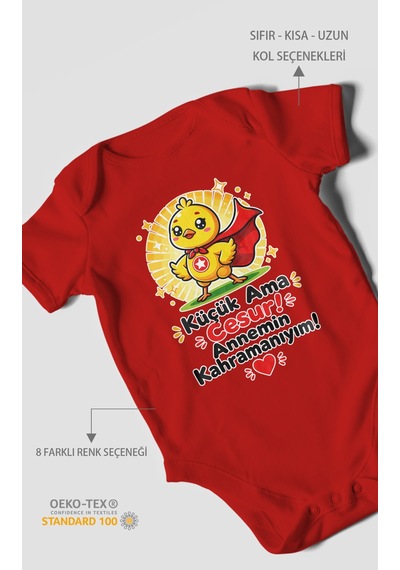Morivokids Küçük Ama Cesur Annemin Kahramanıyım Kısa Kollu Bebek Body %100 Pamuk Kırmızı