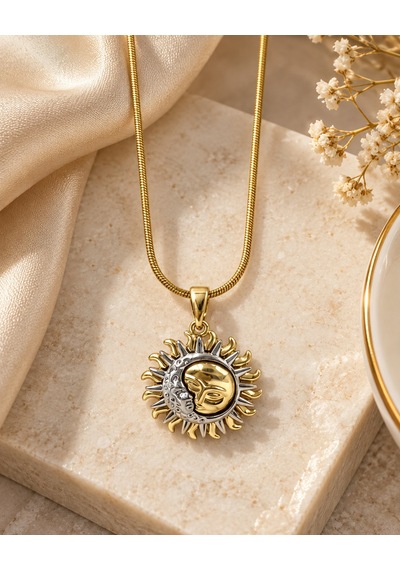 Mystic Sun Moon Kadın Kolye Gold 316l Paslanmaz Çelik, Taş Detaylı Güneş Ay Tasarım, 40+5 Cm Renkli