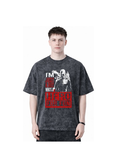 Tasarım One Punch Man Anime Baskılı Unisex Oversize Eskitme Yıkam Siyah