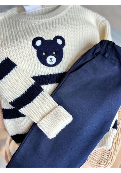 Miniğimin Cicileri Blue Bear Triko Pantolonlu Erkek Çocuk Takım - Krem