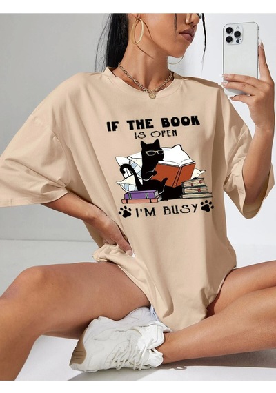 Flood Of Style Kadın Bej İf The Book Baskılı Oversize Bisiklet Yaka Tshirt