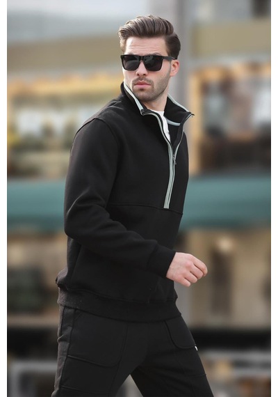 Madmext Siyah Dik Yaka Yarım Fermuarlı Sweatshirt 7079 Siyah