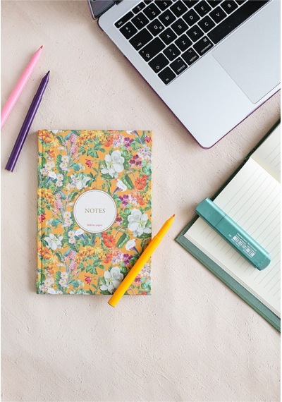 Çiçekli Bez Ciltli Defter / Çizgili Turuncu Desenli