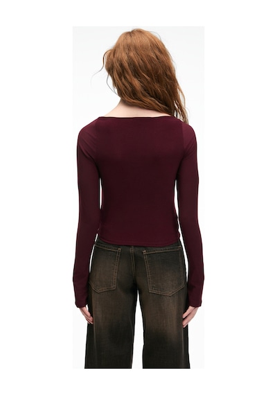 Grımelange SILIVRA Kadın Havuz Yakalı Esnek Kumaşlı Slim Fit Bordo Bluz