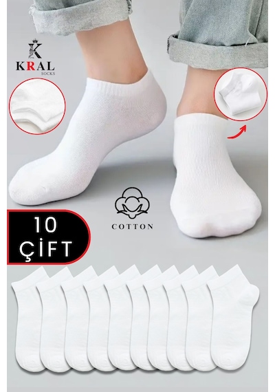 Kral Socks Kadın - Erkek 10 Çift Düz Desen Ekonomik Bilek Boy Patik Çorap Beyaz
