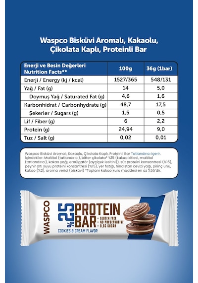 Waspco Bitter Çikolata Kaplı Protein Bar Karma Kutu 36G x 12 Adet 3 Çeşit