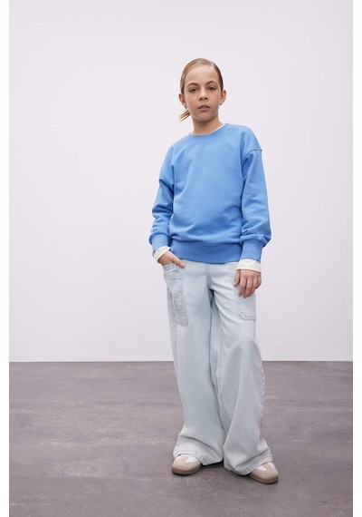 Defacto Kız Çocuk Relax Fit Bisiklet Yaka Pamuklu Basic Düz Okul Sweatshirt A2797A824AUBE756 Mavi