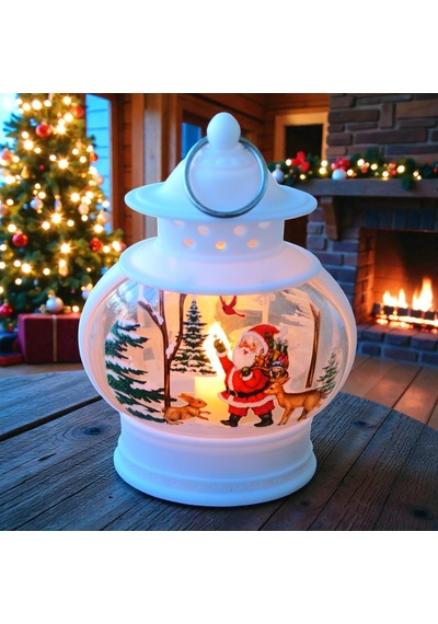 Vıp Oval Beyaz Noel Baba Yılbaşı Feneri Gün Işığı Led Işıklı Fener Yılbaşı Hediyeleri 14x8x4 Cm