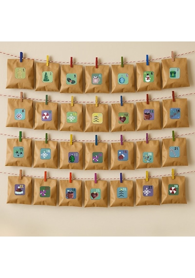 Yılbaşı Advent Takvimi Hediye Seti, Sticker-kraft Kese Kağıdı-renkli Ahşap Mandal-jüt&twine Baker İp