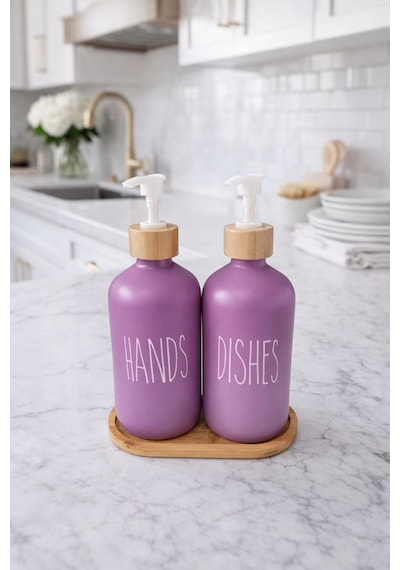 Makri Home Bambu Altlıklı Bambu Kapaklı İkili Cam Sıvı Sabunluk & Deterjanlık Seti 2 500 Ml- 16,5 X 9 X 21 Cm Lila