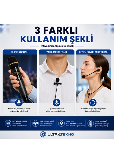 Ultratekno Uhf Kablosuz Mikrofon Seti El Yaka Çene Mikrofonlu 6.5 Mm Alıcılı 3.5 Mm Çeviricili Şarjlı Profesyonel Ses Sistemi