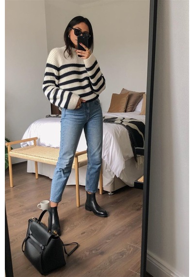 Madmext Mad Girls Beyaz Çizgili Kazak Mg1298 - Beyaz