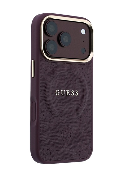 Apple iPhone Uyumlu 18 Pro Max Kılıf Guess Lisanslı M-safeli Baskılı Yazı Logolu C-magnet Pu Peony Kapak Bordo