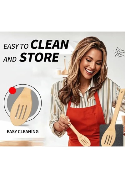 Aee 5'li Büyük Boy Doğal Bambu Kaşık Spatula Mutfak Tahta Kaşık Seti 30cm