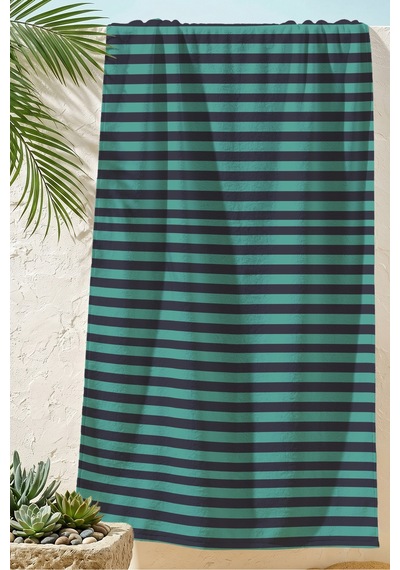 Çizgili Marine Modern Plaj Havlusu - Turkuaz Lacivert Minimalist Hızlı Kuruyan Mikrofiber Havlu Çok Renkli