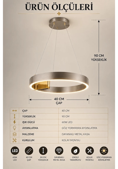 Modern Premium Halka 3 Renkli Ledli Sarkıt Avizesi Platin Salon Mutfak Oturma Odası Modelleri 60w Diğer