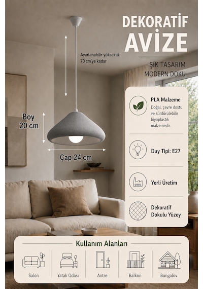 Kubbe Form Sarkıt Avize Beton Görünümlü Dokulu Modern Dekoratif Avize E27 25 Cm - Gri Beyaz