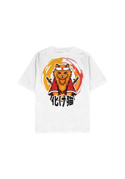 Samurai Cat Beyaz Oversize Unisex T-shirt Beyaz