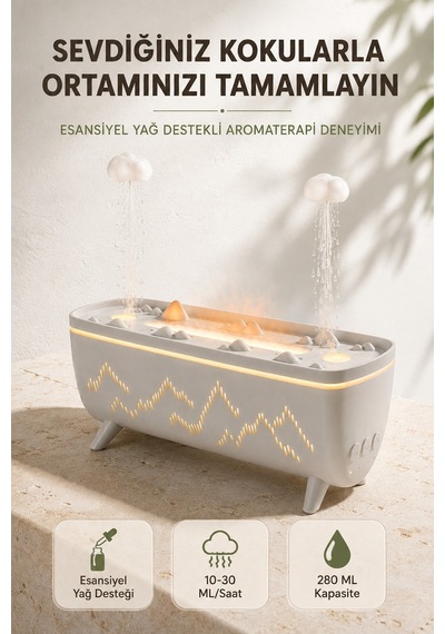 Jöle Yağmur Efektli Ultrasonik Hava Nemlendirici Aromaterapi Difüzörü Led Işıklı 280 Ml