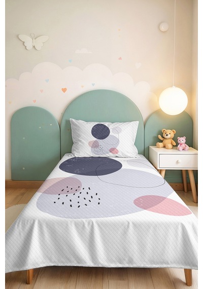 Geometrik Gri Genç Odası Tek Kişilik Pike Takımı - Modern Pudra 160x220 Cm Kapitone Yatak Örtüsü Gizli Çayır Pususu