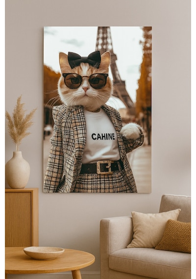 Paris Moda Kedisi Cam Tablo Şık Gözlüklü Ve Takımlı Sanat Tasarım
