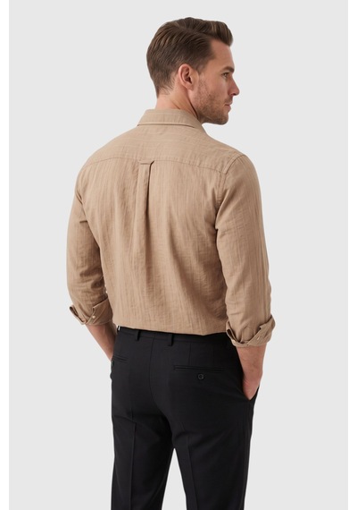 Rizzup Erkek Slim Fit %95 Pamuk Çizgi Dokulu Açık Kahve Ütü Gerektirmeyen Gömlek 2600002 Açık Kahverengi