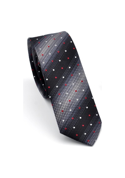 Gaffy Gri Füme Ve Siyah Verev Desenli Dokuma Kumaş Mendilli Slim Fit Kravat // Sdk-240803 Desenli