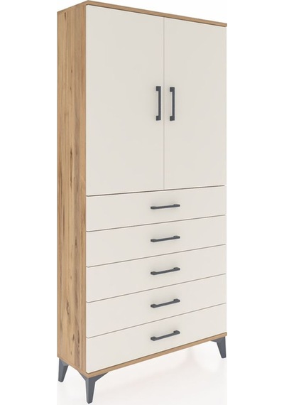 Arges Dolap Tek Raflı 5 Çekmeceli Tek Askılı 88x30x182 Çam-ay... Çam