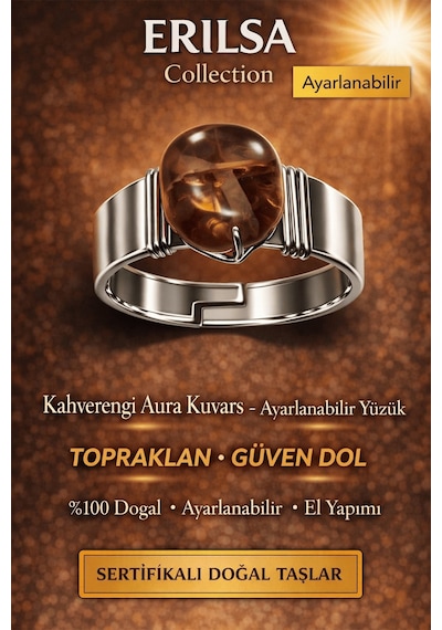 Sertifikalı Kahverengi Aura Kuvars Yüzük Doğal Taş Ayarlanabilir Çok Renkli