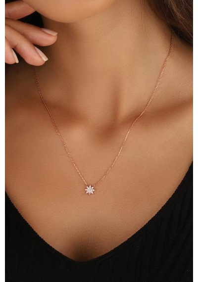 Beyaz Zirkon Taşlı Küçük Yıldız Gümüş Kolye Rose Gold
