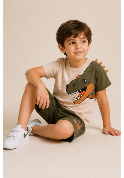 Beka Kids Erkek Çocuk Kısa Kollu Dinazor Baskılı Ve Keçeli Şort Ve Tişört Alt-üst İkili Takım Haki