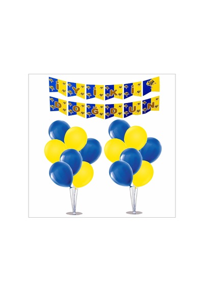 2 Adet Ayaklı Balon Standı 7li Set, 14 Adet Taraftar Sarı-lacivert Balon+banner Tüm Yaşlar