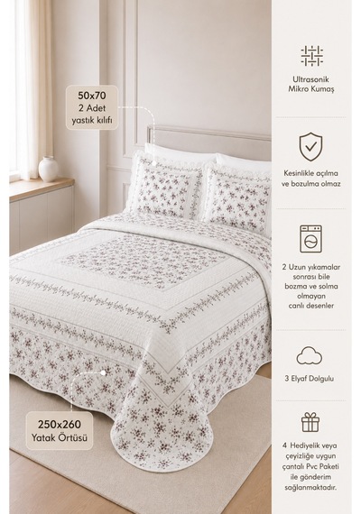 Gündelik Çeyizlik Hediyelik Kapitone Desenli Çift Kişilik / Battal Boy Yatak Örtüsü Takımı Seti 250x260 Örtü 50x70 2 Adet Yastık Kılıfı Larisa