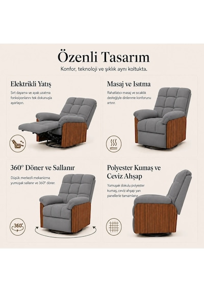 Smarto Relax Porto Tv Koltuğu Elektrikli Masajlı Isıtmalı Döner Sallanan Ahşap Yan Panelli Polyester Kumaş Baba Koltuğu Gri