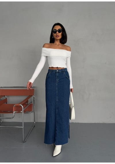 Zeo Basic Yanlardan Yırtmaçlı Jean Maxi Etek Mavi
