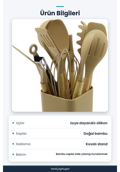 11 Parça Silikon Mutfak Seti - Bambu Saplı - Kovalı Karışık