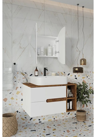 Koza Beyaz 80 Cm Banyo Dolabı+ayna+lavabo Beyaz