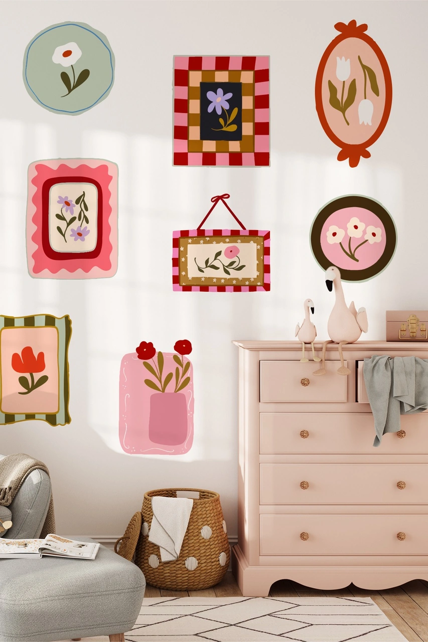 Soft Renkler Pastoral Çerçeve Duvar Sticker Seti 10 Parça Pastel Bahar Temalı Dekoratif Stickerlar Dijital Baskı