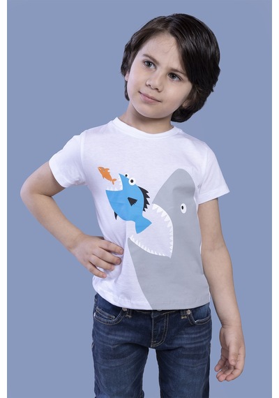 Toontoy Kids Toontoy Erkek Çocuk Köpek Balığı Baskılı Tişört Beyaz