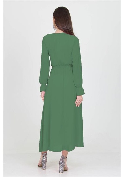 Neşeli Butik Kadın Kruvaze Yaka Zümrüt Yeşili Uzun Şifon Elbise Kts003 Yeşil