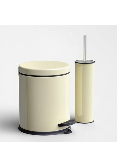 Metal 5 Litre Pedallı Çöp Kovası Ve Wc Fırçası Set Krem