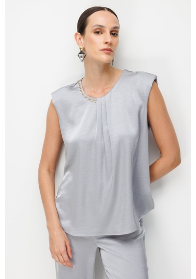 Ekol Kadın Zincir Aksesuarlı Drape Detaylı Bluz 2432 Gümüş