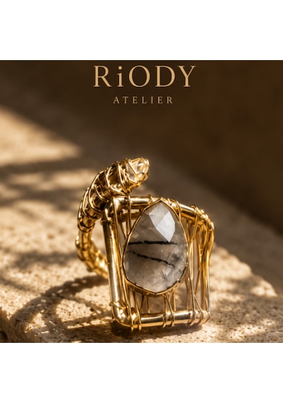Riody Atelier El Yapımı Doğal Taş Yüzük Gold Tasarım Kadın Yüzük Sarı