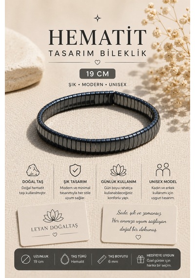 Doğal Hematit Stres Bilekliği 19 Cm Unisex Erkek Kadın Şık Minimal Tasarım Doğal Taş Bileklik Gri Gri