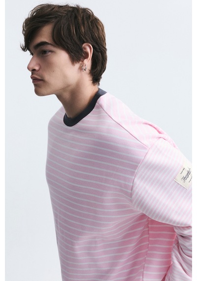 Vamos Kontrast Yaka Çizgili Sweatshirt Ekru-pembe